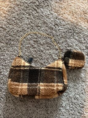 Cozy Plaid Faux Shearling Shoulder Bag in Brown and Cream